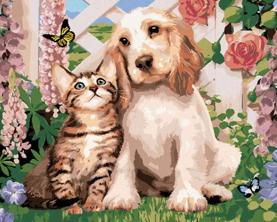 Produktbild von Zuty - Malen nach Zahlen - HUND UND KATZE ZWISCHEN BLUMEN (HOWARD ROBINSON), 40x50 cm, ohne Keilrahmen