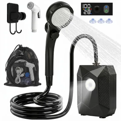 Produktbild von MIAJARD Tragbare Camping Dusche 6000mAh Akku mit Campinglicht, Campingdusche mit Wasserpumpe, 5 Druckstufen, Außendusche für Garten, Camping, Haustier