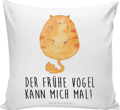 Produktbild von Mr. & Mrs. Panda Zierkissen Katze Frühaufsteher - Weiß - Geschenk, Kuschelkissen, Katzen, Mittelfinger, Kaffee, Verschlafen, Deko Kissen, für sofa, 40x40, Polster, Müde