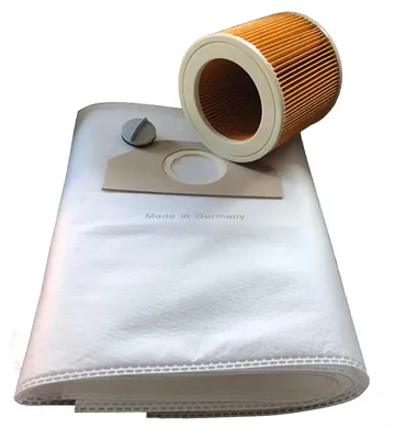 A vacuum cleaner filter and dust bags are displayed against a white background.