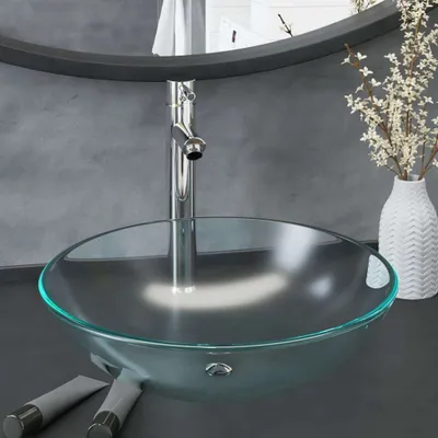 Produktbild von The Living Store Badezimmer Waschbecken mit Wasserhahn und Ablaufgarnitur aus mattiertem, gehärtetem Glas