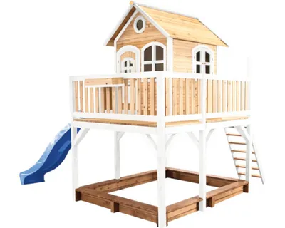 Produktbild von AXI Spielhaus Liam mit Sandkasten & blauer Rutsche | Stelzenhaus XXL in Braun & Weiß aus Holz für Kinder | Spielturm mit Wellenrutsche für den