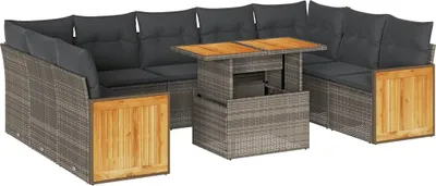 Imagen del producto de vidaXL Juego de 10 piezas de sofá de jardín con cojines, color gris, fabricado en ratán sintético y con patas de acacia