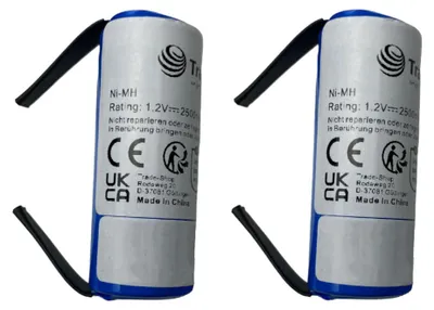 Produktbild von 2x Trade-Shop Ni-MH Akku 1,2V / 2500mAh 4/5A Zelle mit U-Lötfahnen Industrie-Zelle Ersatz Austausch kompatibel mit Braun Rasierer / 42x17mm