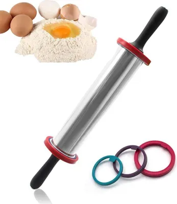 Produktbild von Nudelholz aus Edelstahl, antihaftbeschichtet, in der Dicke verstellbar mit Distanzscheiben in 3 Größen, Durchmesser 8,5 cm, Länge 48,5 cm