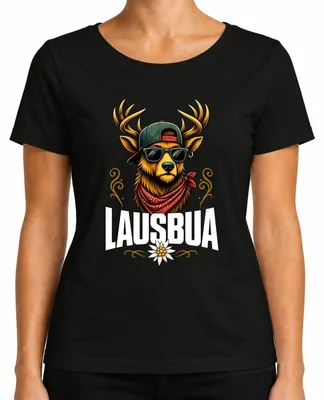 Produktbild von Jausenbua Hirsch Alpen Bayern Edelweiss Trachtenshirt Lederhose Damen T-Shirt, Schwarz, M