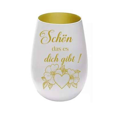 Produktbild von Stölzle Lausitz Windlicht aus Glas weiß gold mit Lasergravur „Schön das es dich gibt“, persönliches Geschenk für Freunde, Familie und Partner