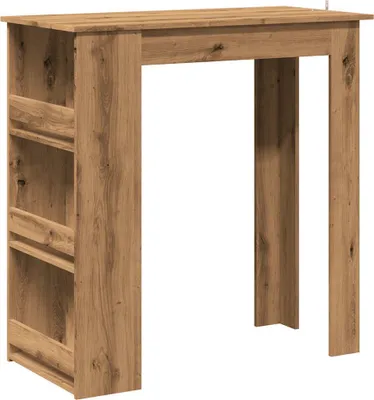 A bar table with shelves on the side, shown from the front.