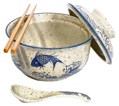 Ramen-Kom-Set, Keramik, 800 ml, mit Deckel, Löffel & Stäbchen, Fisch-Motiv