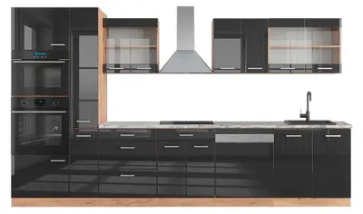 Obrázok produktu pre Kuchynský kút Vicco R-Line Antracit vysoký lesk/dub Goldkraft 350 cm s vysokou skriňou, AP mramor, Model 49470
