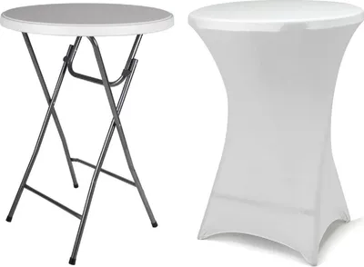 Two white tables, one folded and one covered with a white tablecloth, against a white background.