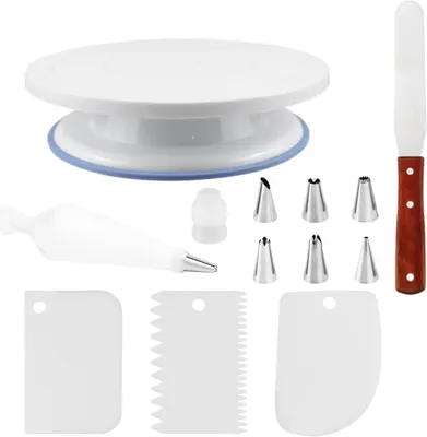 Produktbild von Tortenständer 360°, für Küche, drehbar, mit 7 Spritzbeuteltüllen, Spatel und Tortenheber