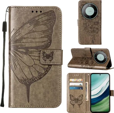Produktbild von Lederhülle für Huawei Mate 60 Schmetterling Prägung Flip Ledertasche Kartenfächer Handyhülle mit Ständer Grau