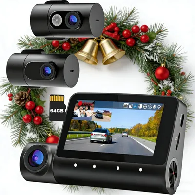 Image de dashcam 3 canaux, 4K+1080P+1080P Dashcam voiture avant intérieur arrière avec carte SD 64GB 5.2GHz WiFi