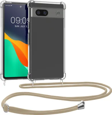 Produktbild von kwmobile Necklace Case kompatibel mit Google Pixel 7a Hülle - Silikon Cover mit Handykette - Band Handyhülle Gold Transparent
