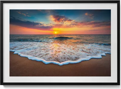 Produktbild von Sonnenuntergangslandschaft über dem Meer– Wandbild mit Rahmen – Gerahmtes Bild  – Wanddekoration – 100x70 cm –  Schwarz Rahmen