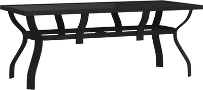 A black metal and glass garden table on a white background.
