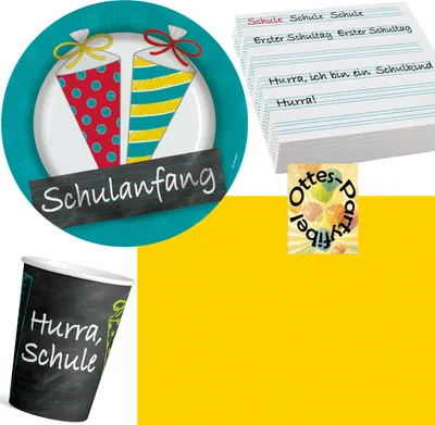 Produktbild von Schulanfang-Party-Set Schuleinführung Partyset 37tlg. für 8 Gäste  20 Servietten 8 Teller 8 Becher 1 Tischdecke