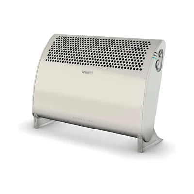 A white electric heater with a perforated top and curved sides, resting on two gray legs.