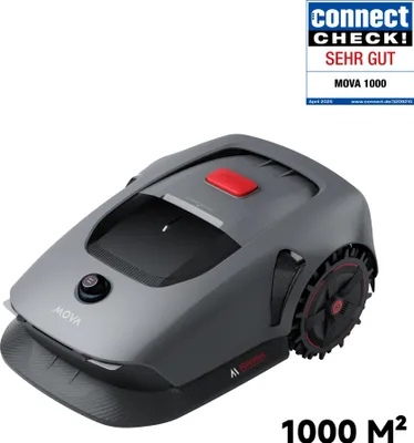 A robotic lawn mower is shown from a slightly elevated front-left angle on a white background.