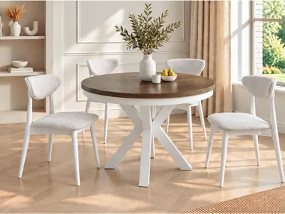 Produktbild von Runder Ausziehbarer Esstisch im Loft-Stil - Industrieller Tisch mit Weißen Metallbeinen - Platzsparender Tisch für Wohnzimmer - Lefkas Eiche - 100 bis 180 cm