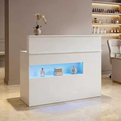 Produktbild von Empfangstheke mit LED-Beleuchtung, Rezeptionstresen mit Tastaturschublade, Große Empfangstheken, Weiß, MDF, 120 x 100 x 50 cm