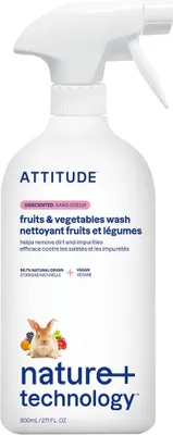 A white spray bottle of fruit and vegetable wash.