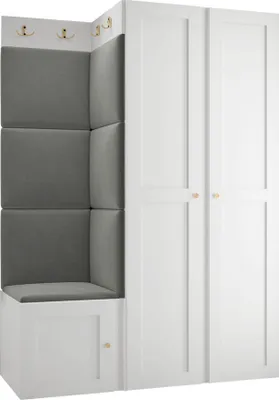 Produktbild von MIRJAN24 Garderoben-Set Orion Ramiro XXIII, Kleiderschrank, Schuhschrank, Kleiderhakenbrett, 7x Paneel 42x42, 8 Kleiderhaken, Metallgriffe (Farbe: Weiß, Manila 16)