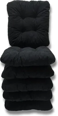 A stack of black chair cushions.