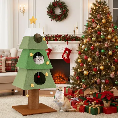 A Christmas-themed living room with a decorated Christmas tree, a fireplace with stockings, and a cat tree shaped like a Christmas tree. Two cats are present in the scene.