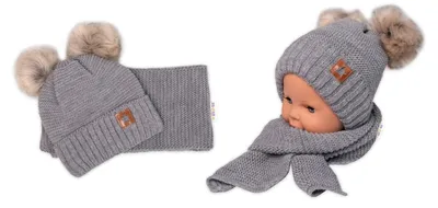 Productafbeelding van Wintermuts met imitatiebont pompons + sjaal Baby Nellys Star - grijs, 6/24 maanden