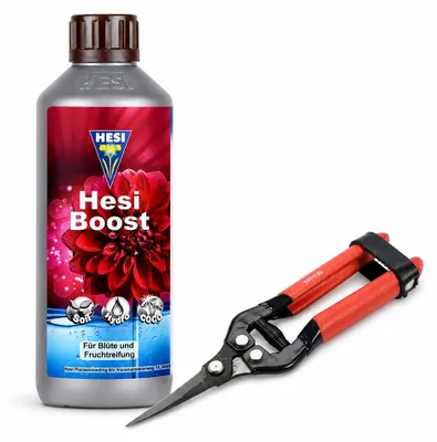 Produktbild von 0,5 l HESI Boost Blütedünger Blühbescheuniger + Ernteschere Grow Dünger