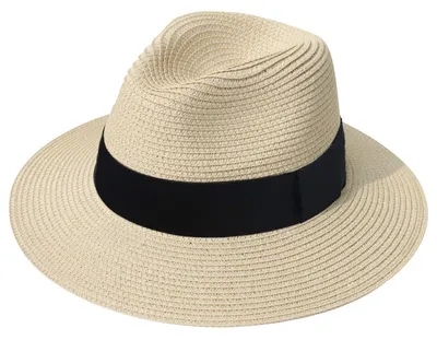Produktbild von Damen Panama Hut Breiter Krempe Stroh Sommer Fedora Rollbar UV Sonnenhut UPF 50+ Beige