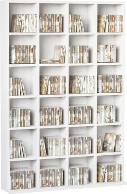 Image de HOMCOM Rangements pour CD et DVD, meuble de rangement multimédia avec 24 compartiments, capacité max. 456 CD/ 336 DVD, bibliothèque en bois avec étagères réglables, 89 x 20 x 130,5 cm, blanc