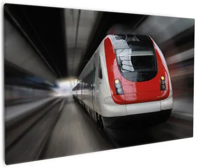Produktbild von Wallario Premium Leinwandbild Fahrender Zug von vorn in rot- Perspektive von vorn in Größe 60 x 90 cm