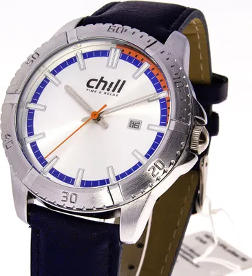 Produktbild von Herrenuhr CH1556 Quarzwerk Datumsanzeige 45mm Durchmesser 11mm Dicke blau IP silber Gehäuse 5ATM wasserdicht, gepolstertes Lederarmband