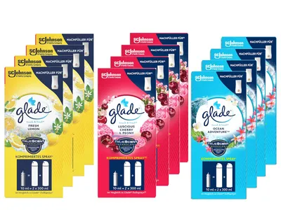 Produktbild von Glade Touch & Fresh Nachfüller Mix, 12 Stück, Fresh Lemon, Cherry Peony & Ocean Adventure, 10ml