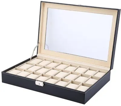 Produktbild von Uhrenbox aus Holz, 24-fach, schwarz, Kunstleder, mit Samtinnenraum