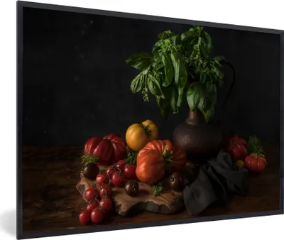 Produktbild von MuchoWow® Gerahmtes Poster Stilleben - Tomaten - Basilikum - Gemälde - Gemüse - Schwarz 90x60 cm - Poster mit Schwarzem Bilderrahmen Wandposter Rahmen Foto Bilder - Fotorahmen - Foto-Plakat