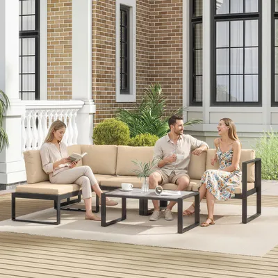 Produktbild von Gartenmöbel-Set 4-teilig modular Balkon Terrasse, Outdoor-Sofa-Set Stahl Polyester, Khaki | 247x152x65 cm | bis 240 kg | 10 cm Polster