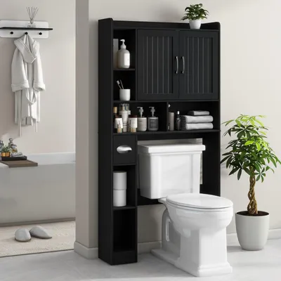 Toilettenregal mit 2 Türen, Papierhalter, 76,5x19,5x172,5 cm, Schwarz