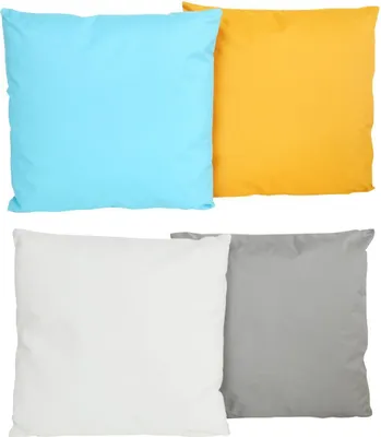 Produktbild von 4x JACK 2-farbiges Wende Outdoor Lounge Kissen 45x45cm Dekokissen inkl. Füllung Wasserfest Sitzkissen Garten Stuhl Lotus Effekt, Farbe:2x Gold-Hellblau + 2x Elfenbein-Grau