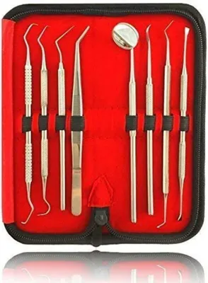 Produktbild von 8er Zahnsteinentferner Zahnpflege Set Dental Set Dental/Zahnarzt Instrument Zahnreinigung Zahnsonde Zahnreinigungsset Zahnpflege Zahnstein Edelstahl mit Tragetasche