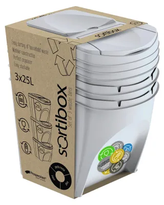 A set of three white waste bins stacked together and packaged in a cardboard sleeve.