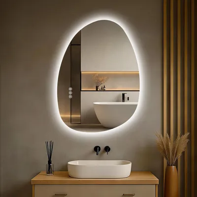 Zdjęcie produktu dla S'AFIELINA 75×55 cm Lustro asymetryczne LED - Lustro łazienkowe z oświetleniem, funkcją ściemniania, do montażu poziomego/pionowego, przeciwmgielne, do łazienki i przedpokoju