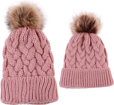 Produktbild von 2 STÜCKE Mutter & Baby Hut Eltern-Kind Hut Familie Passende Kappe Winterwärmer Stricken Wolle Beanie Ski Cap (Rosa)