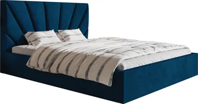 A blue upholstered bed with a patterned duvet and two pillows.