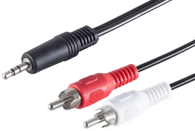Obrázok produktu pre 5 metrov – Čierny audio kábel s 3,5 mm jackom na jednej strane a dvoma RCA konektormi na druhej strane (stereo)