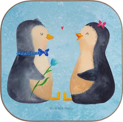 Produktbild von Mr. & Mrs. Panda Tischschoner Pinguin Pärchen - Eisblau - Geschenk, Untersetzer für Gläser, Coaster, Verknallt, gläseruntersetzer, Hochzeitsgeschenk, Liebe, glücklich
