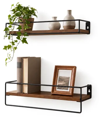 Produktbild von Relaxdays Wandregal 2er Set, BxT: 40 x 15,5 cm, Wandbrett mit Stange, MDF, Metall, Küche, Bad, Wohnzimmer, braun/schwarz